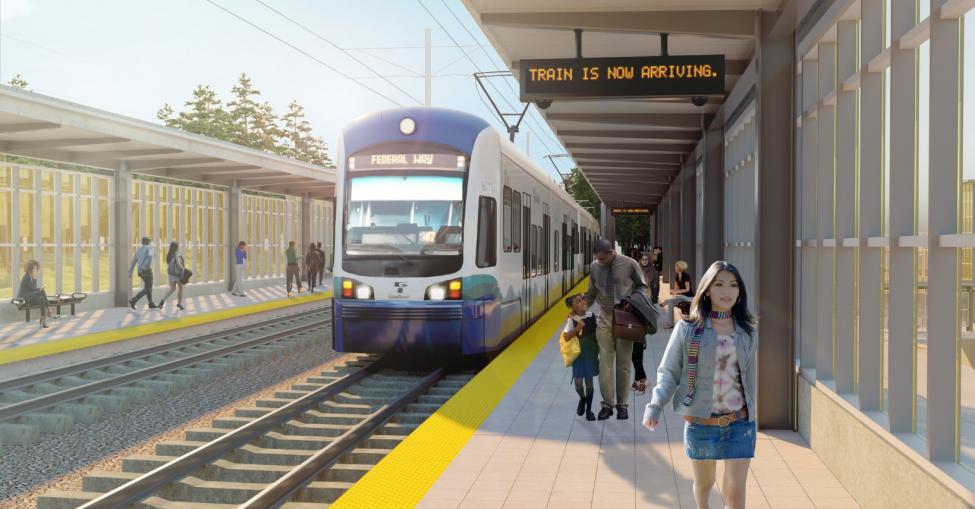 A station rendering shows a Link light rail train arriving in Federal Way.