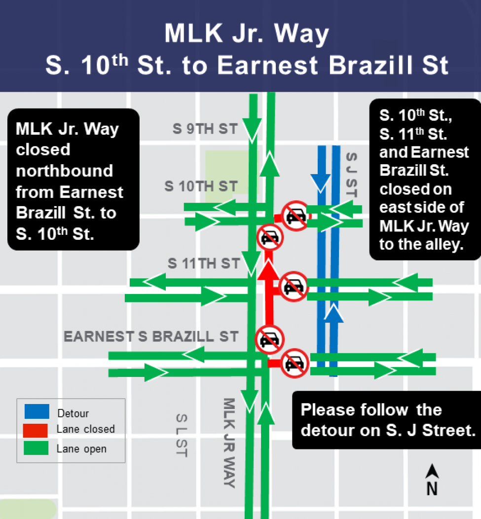 Map of track installation on Martin Luther King Jr. Way between South 10th Street and Earnest Brazill Street.