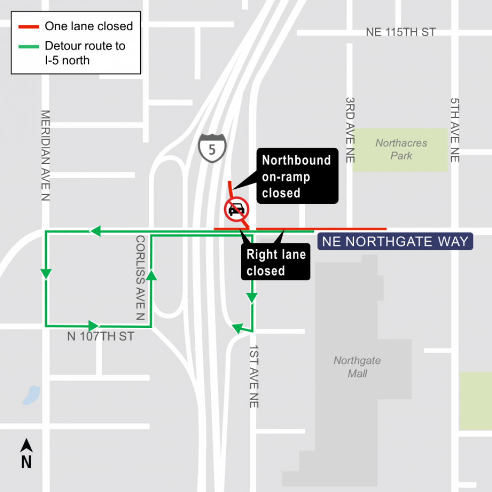 Map of Interstate 5 northbound on-ramp closure at Northgate Way.