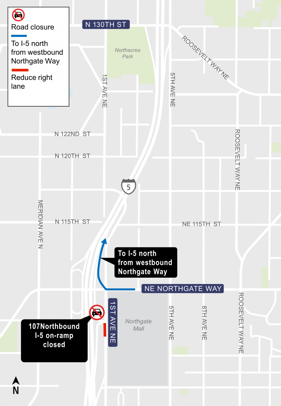 Map of 107 northbound Interstate 5 on-ramp closure in Northgate.