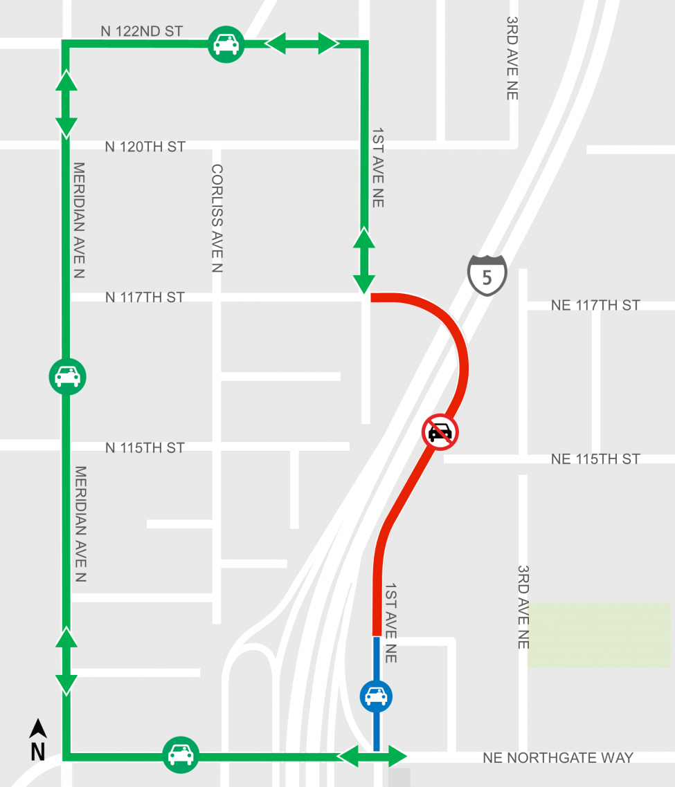 Map of night closure at 1st Avenue Northeast from Northeast 112th Street to Northeast 117th Street.