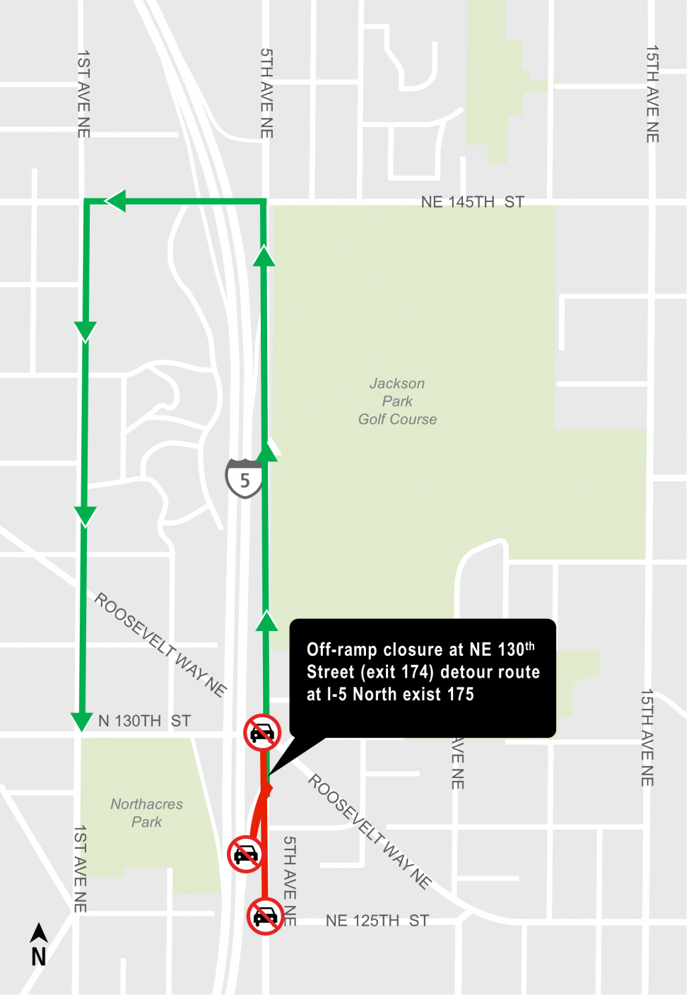 Map of Interstate 5 exit 174 at Northeast 130th Street closure and detour route.