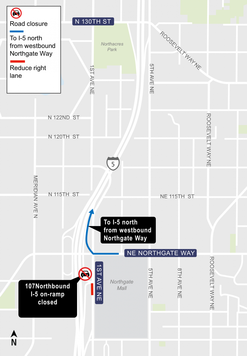 Map of Northeast 107 on-ramp to northbound Interstate 5 closure.