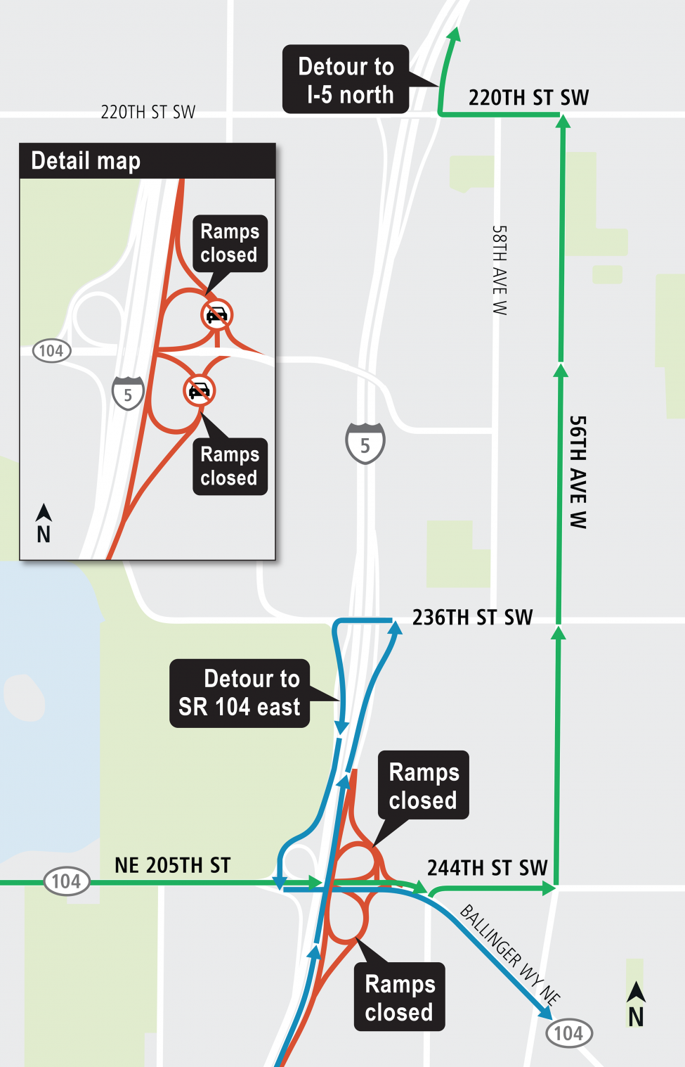 Map of nighttime closures of off-ramp to westbound State Route 104 and off-ramp to SR 104 eastbound.