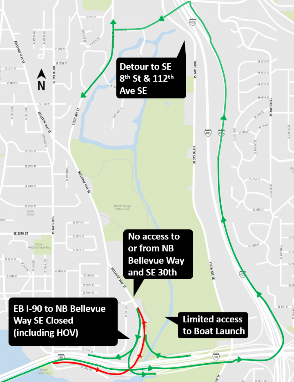 Map of Bellevue Way Southeast and I-90 on and off-ramp closures and restrictions.
