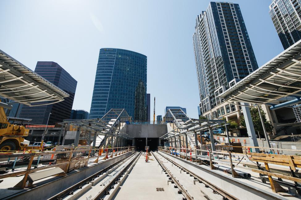 Looking back at the north tunnel portal from the future Bellevue Downtown Station area adjacent to the Bellevue Transit Center and Bellevue City Hall.