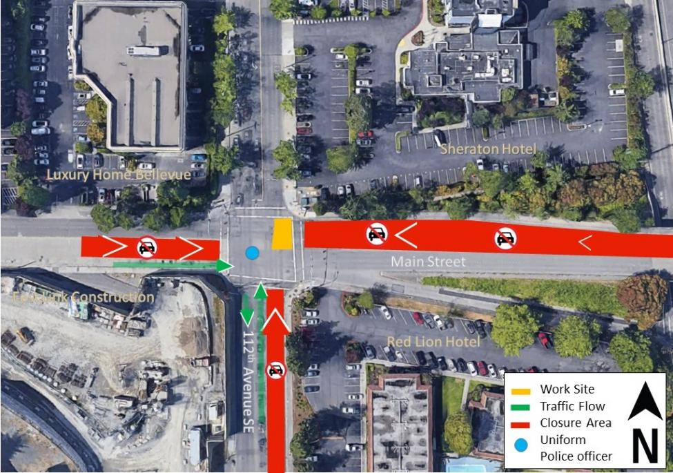 Map of phase 2 utility work at 112th Avenue Northeast and Main Street.