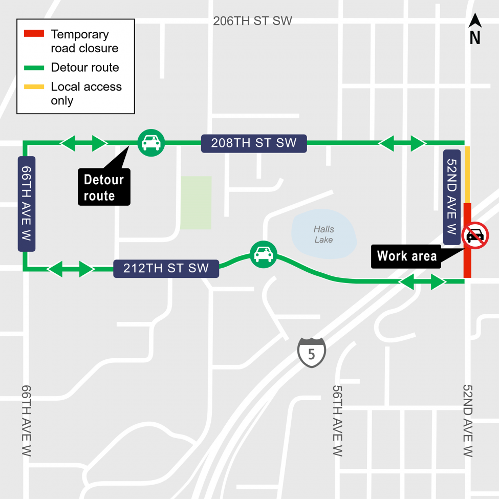 Map of 52nd Avenue West closure between 208th Street Southwest and 212th Street Southwest and related detours.