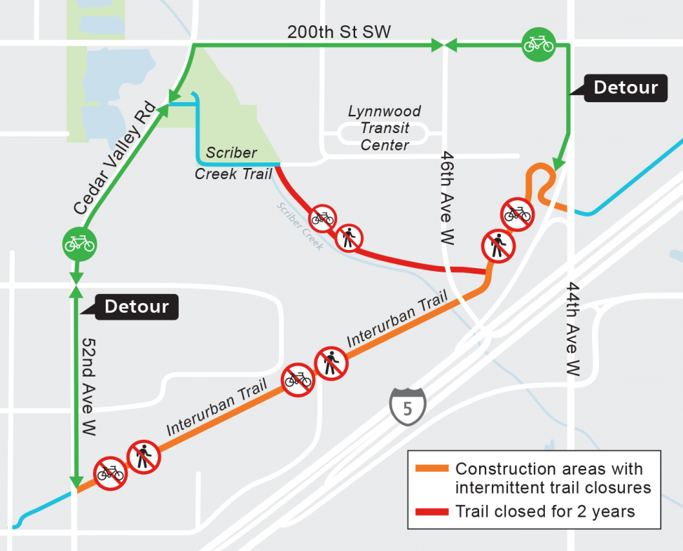 Map of intermittent closures of the Interurban Trail.