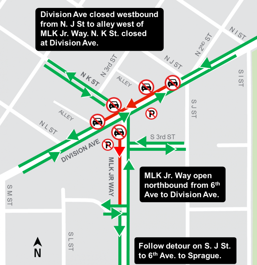 MLK Jr Way and Division Ave Construction closure map 