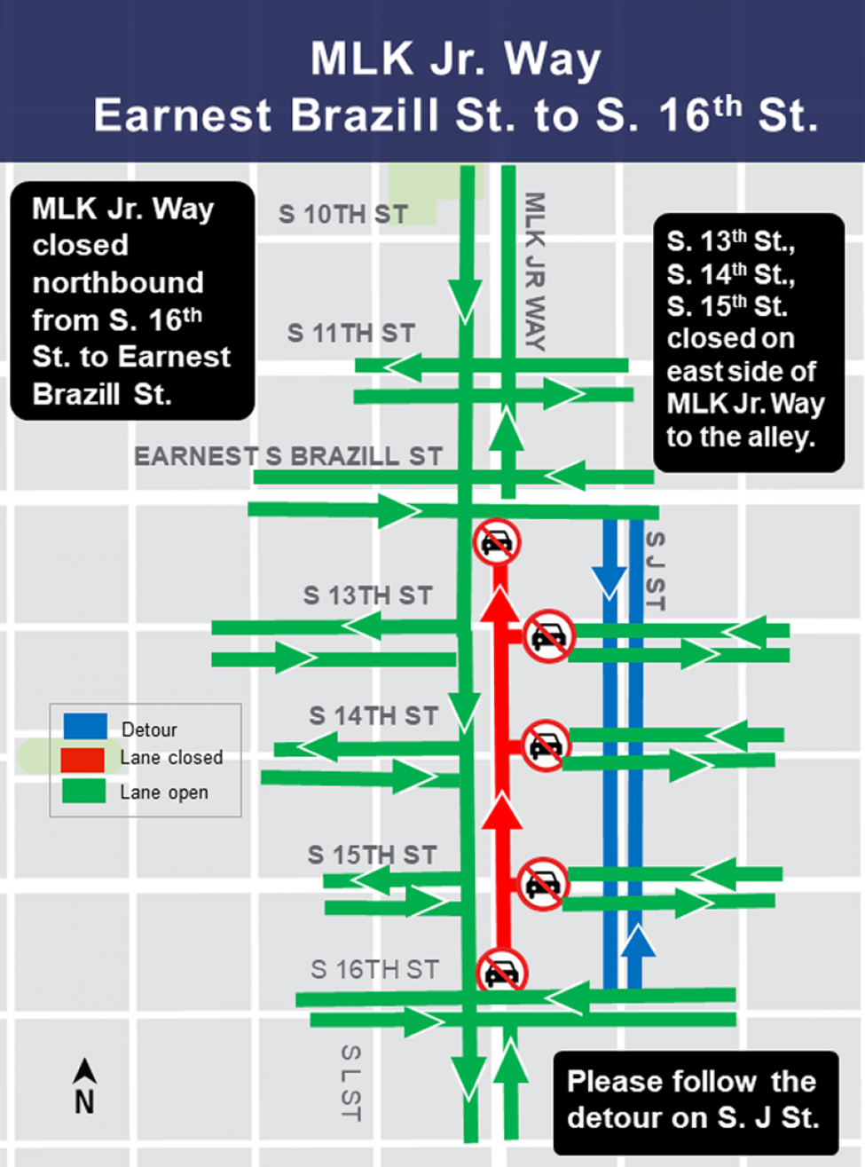 MLK Jr Way from Earnest Brazill to S 16th St closure construction map