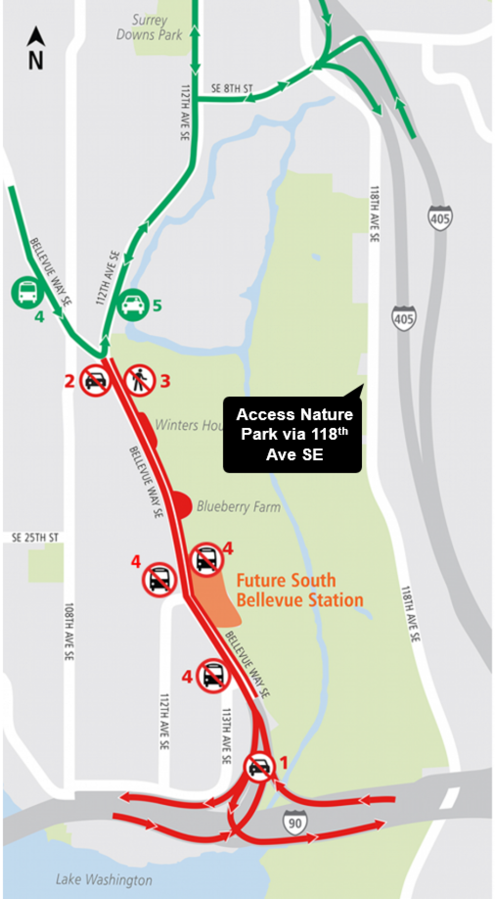 Map of closures of Bellevue Way Southeast from the Y intersection to Interstate 90.