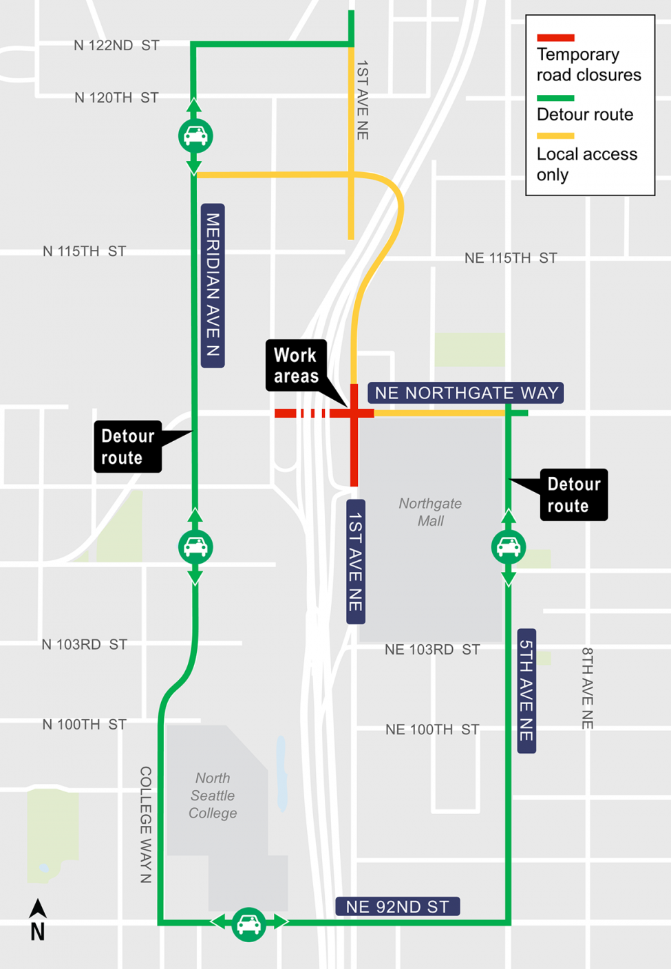 Construction map of 1st Ave NE & Northgate Way Intersection closure, Lynnwood Link Extension