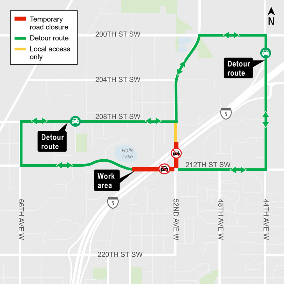 Construction map for 212th St SW Closure, Lynnwood Link Extension