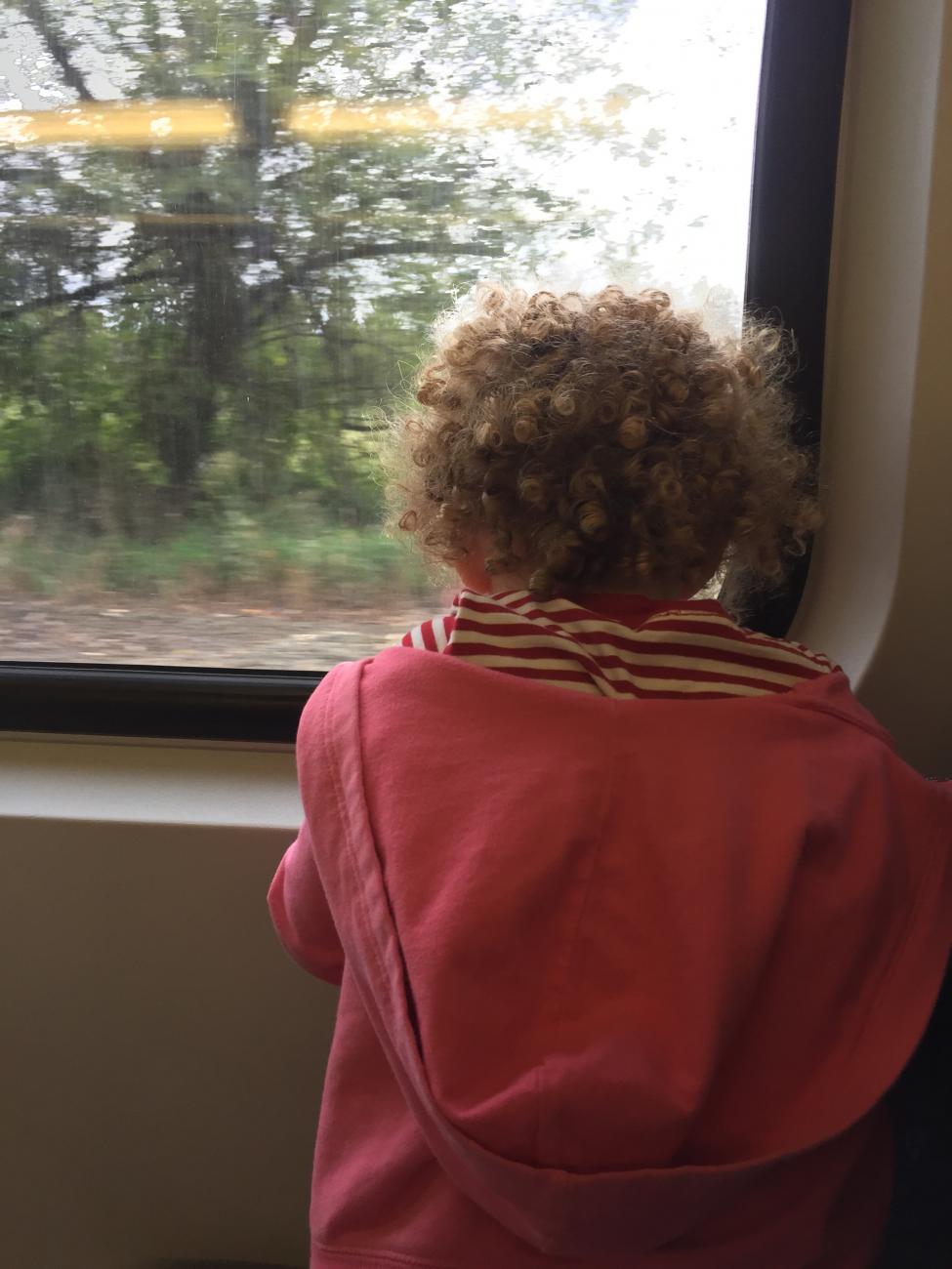 A young child wearing a pink jacket looks out the window of a Sounder train.