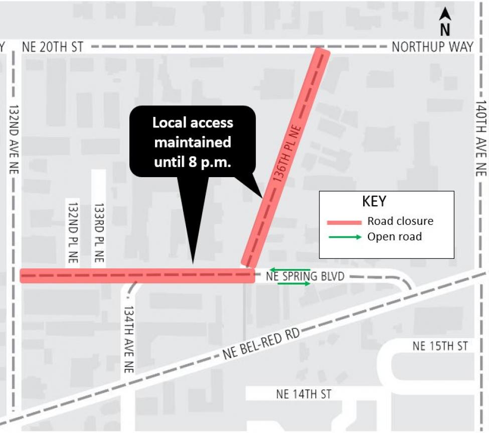Map of nightly closures of 136th Place Northeast and Northeast Spring Boulevard to facilitate paving activities.