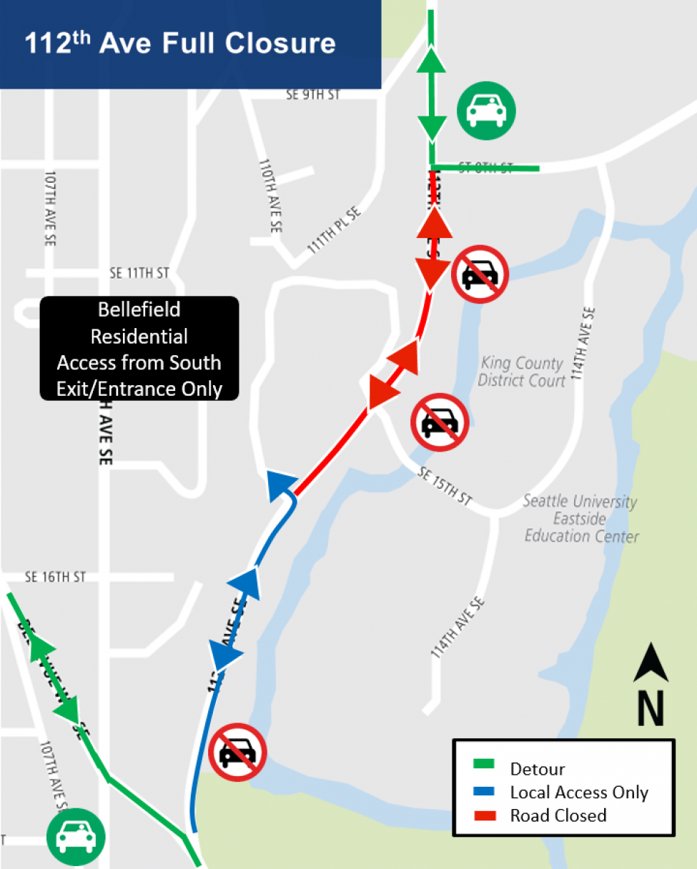 Map of weekend closure of 112th Avenue Southeast.