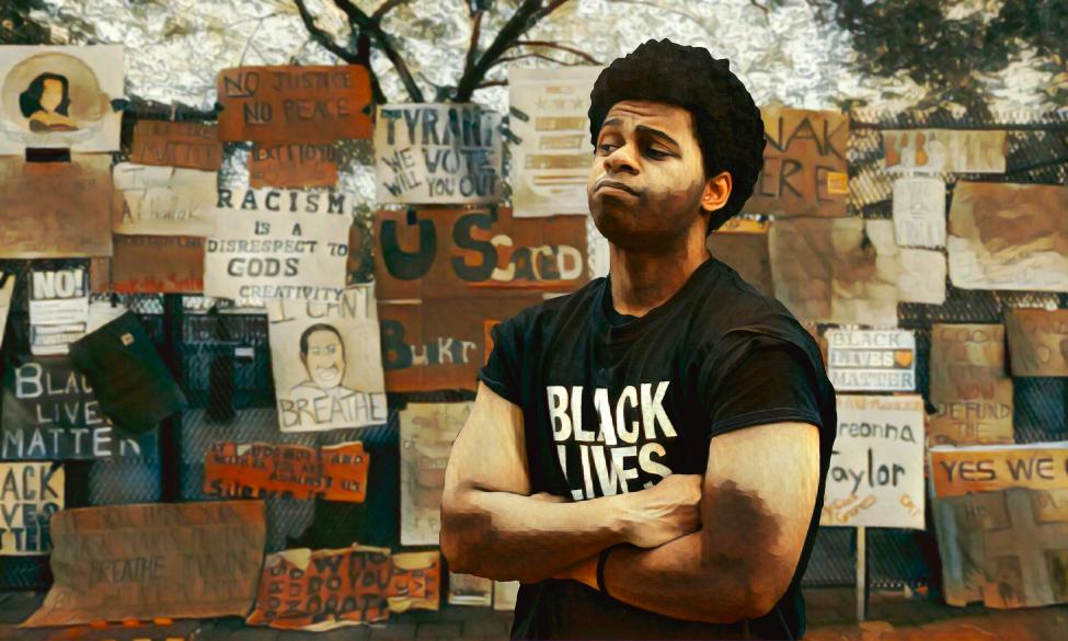 Mural showing a young Black man wearing a Black Lives Matter t-shirt looking at a wall of anti-racism protest signs