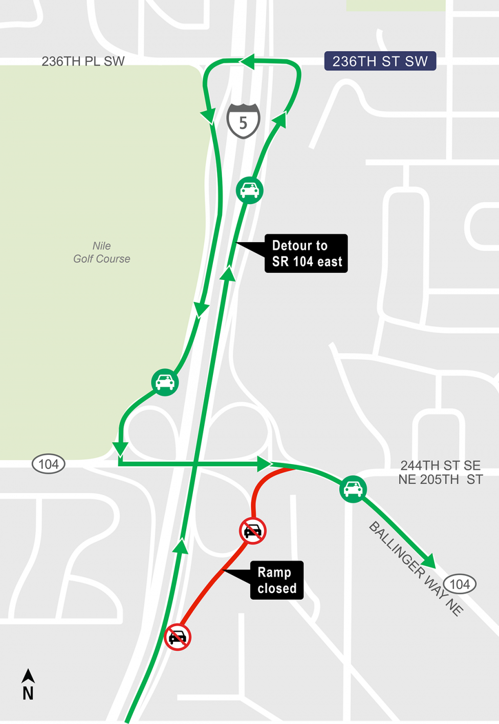 Construction map for SR 104 Ramp closure, Lynnwood Link Extension