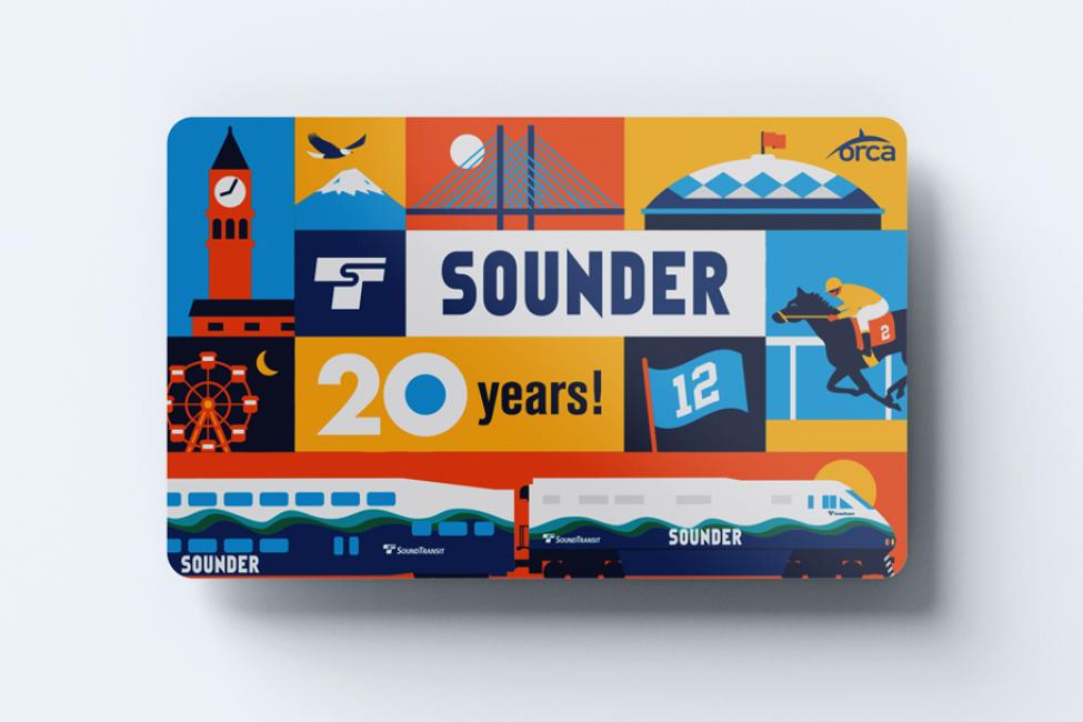 The special Sounder south 20th anniversary ORCA card which includes illustrations of landmarks seen along the Sounder south route including the Tacoma Dome, Mt. Rainier and King Street Station.