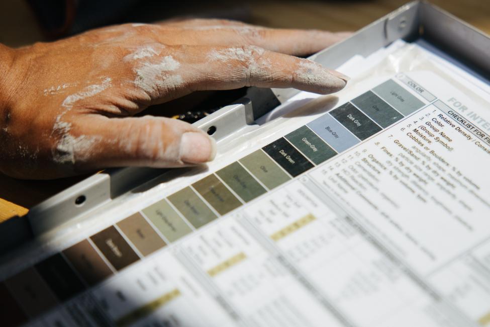 A hand caked in clay and dirt is shown next to a chart that helps geologists with soil sampling.