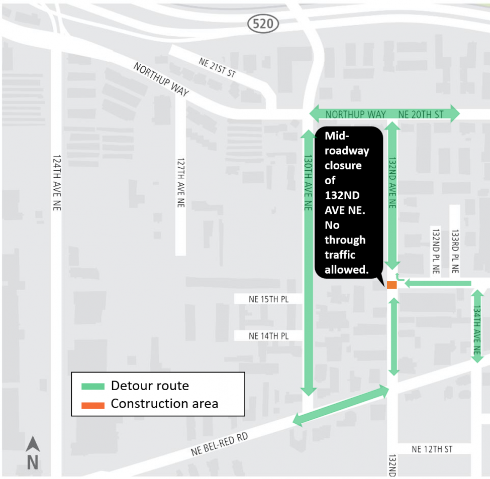 Construction map of 132nd Ave NE closure, Bel-Red/130th Station, East Link Extension