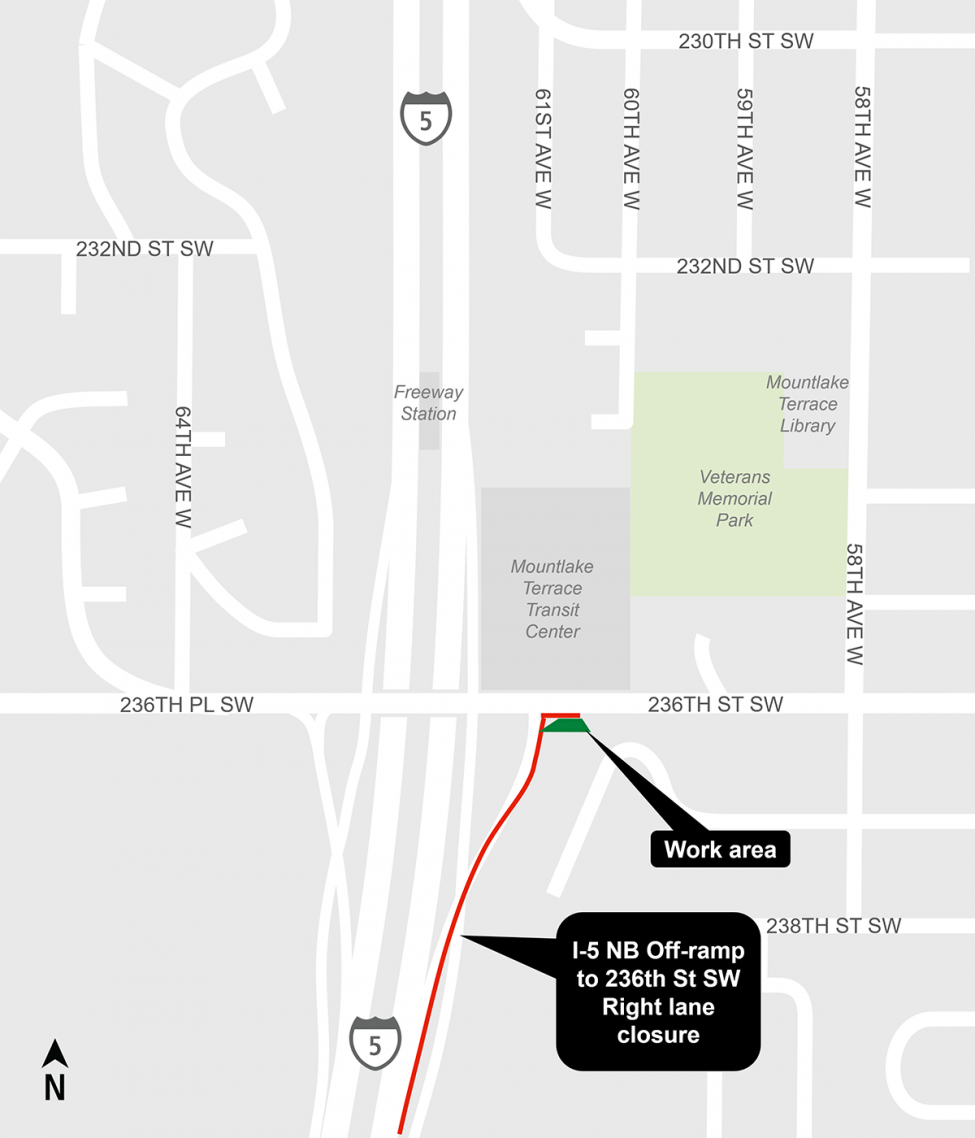 Map of Interstate 5 Northbound off-ramp to 236th Street Southwest right lane closure.