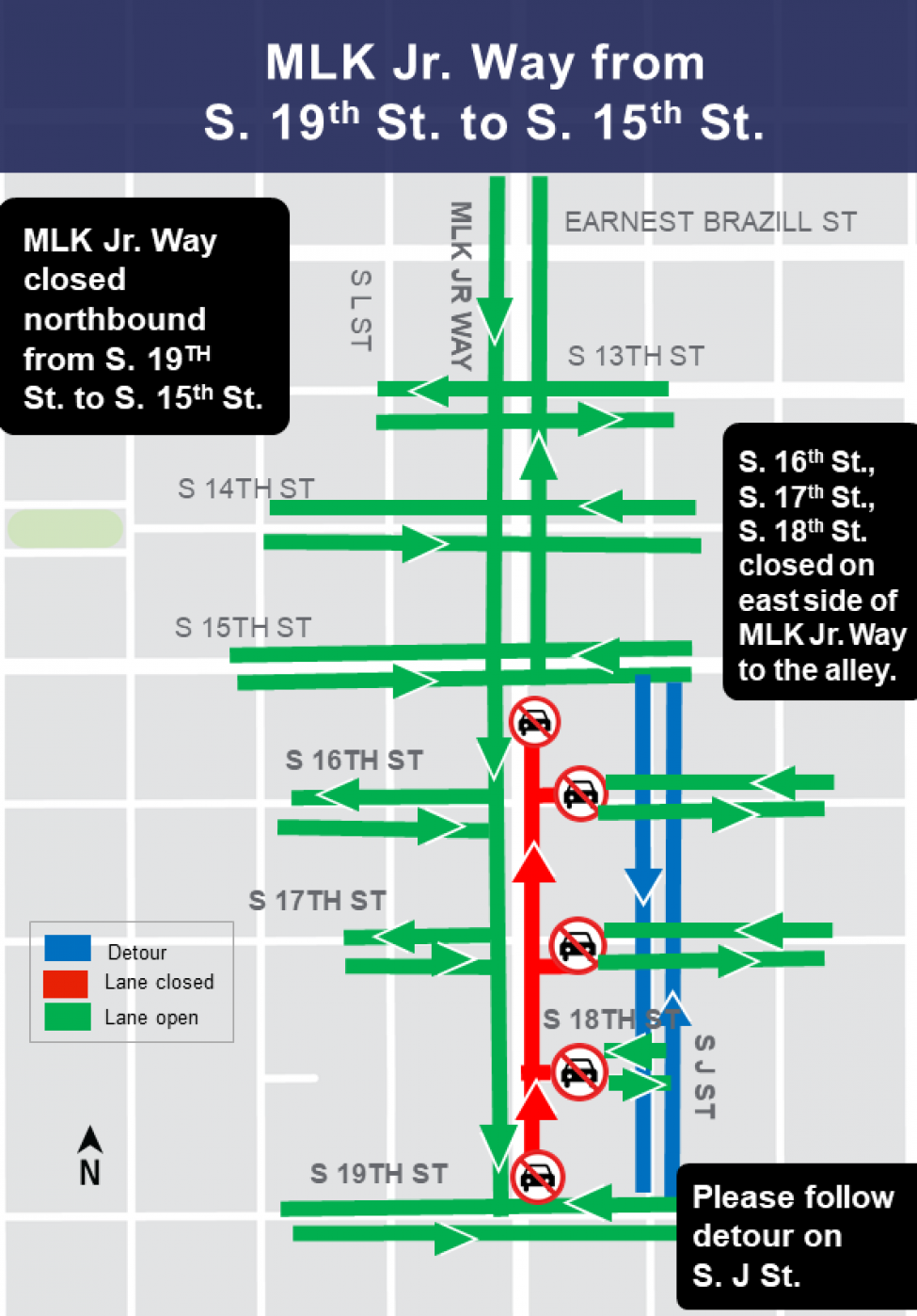 Construction map for Martin Luther King Jr way at 16th to 19th track installation, Hilltop Tacoma Link Extension