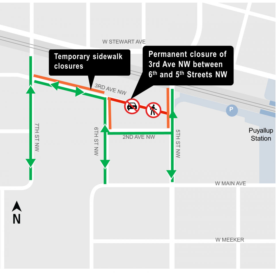 Map of permanent closure of 3rd Avenue Northwest between 6th and 5th Streets Northwest.