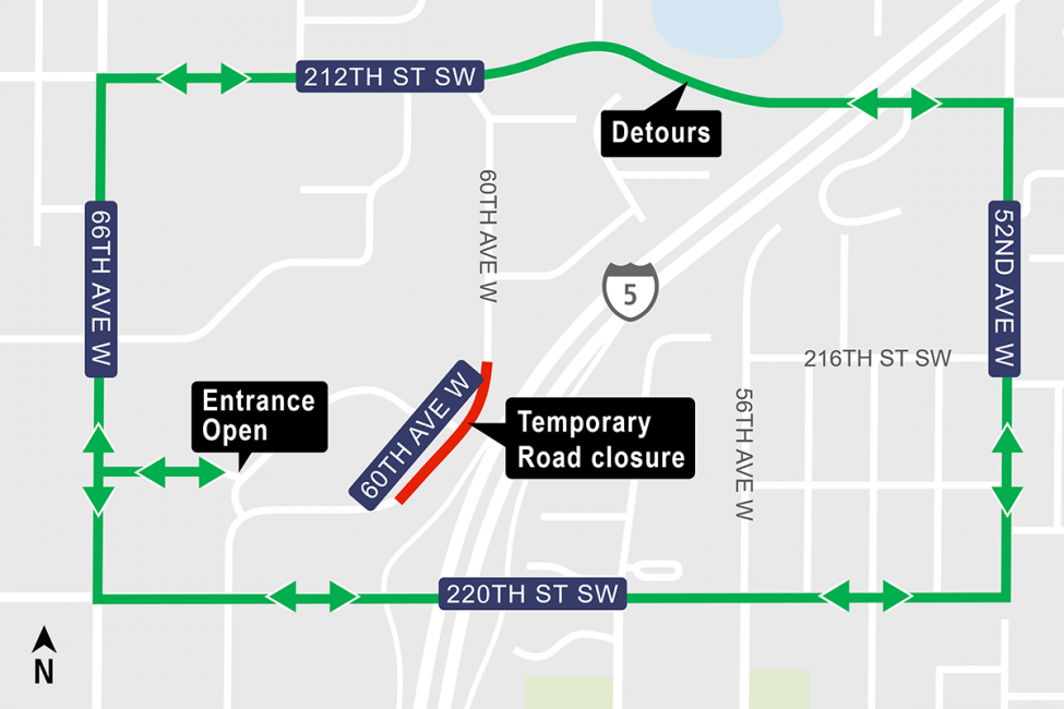 Construction map for 60th Ave West Closure for Bridge Girders, Lynnwood Link Extension