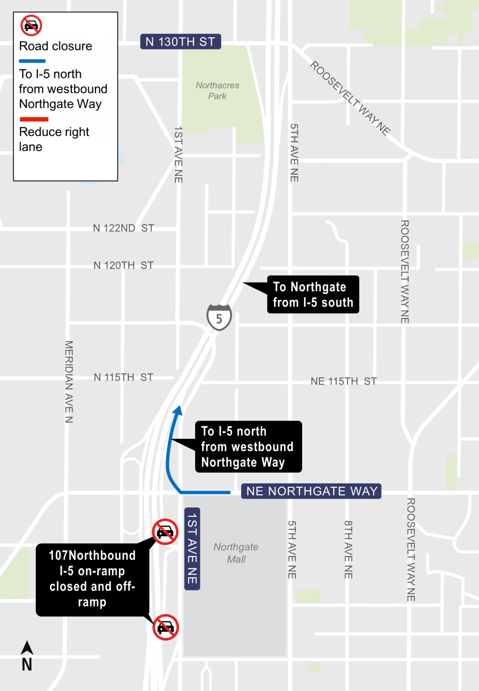 Map of closure of the Northeast 107 on-ramp to Interstate 5 in Northgate.