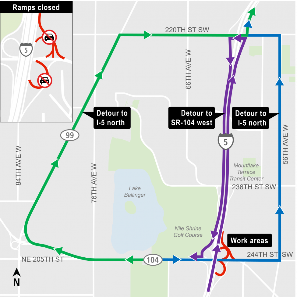 Map of ramp closures from northbound Interstate 5 to westbound State Route 104.