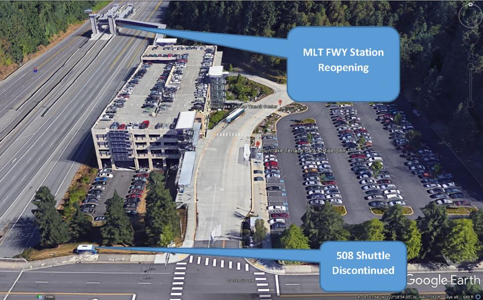 Photo with text showing location of reopened Mountlake Terrace Freeway Station and discontinued 508 route stop.