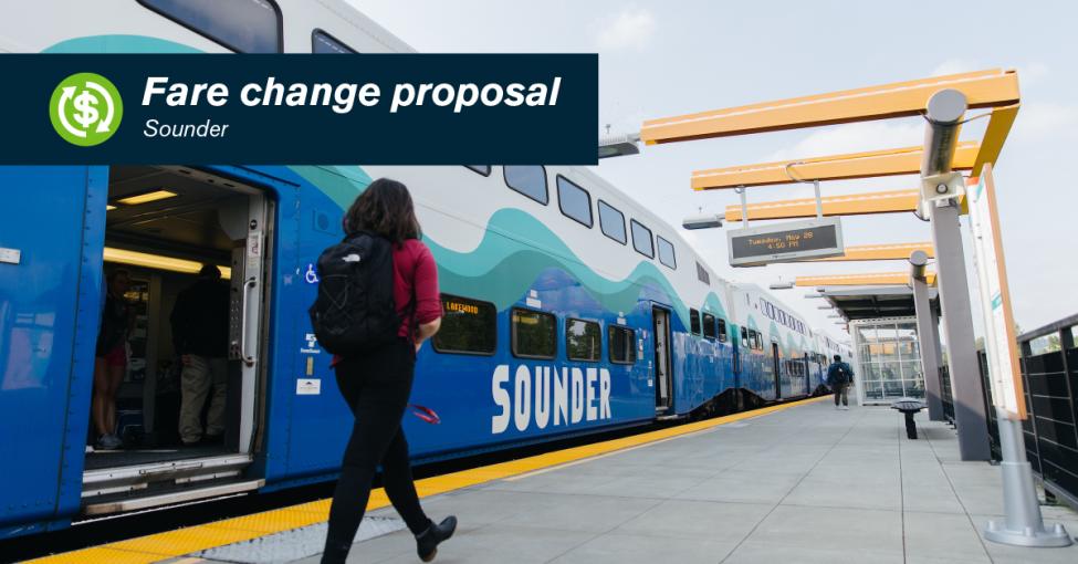 A passenger wearing a backpack walks away from the camera. They are next to a Sounder train at Tukwila Station. 
