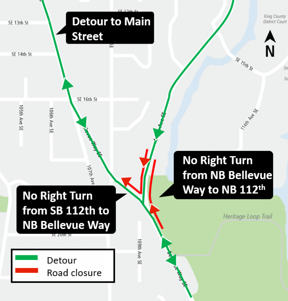 Map of Y intersection of Bellevue Way Southeast and 112th Avenue Southeast.