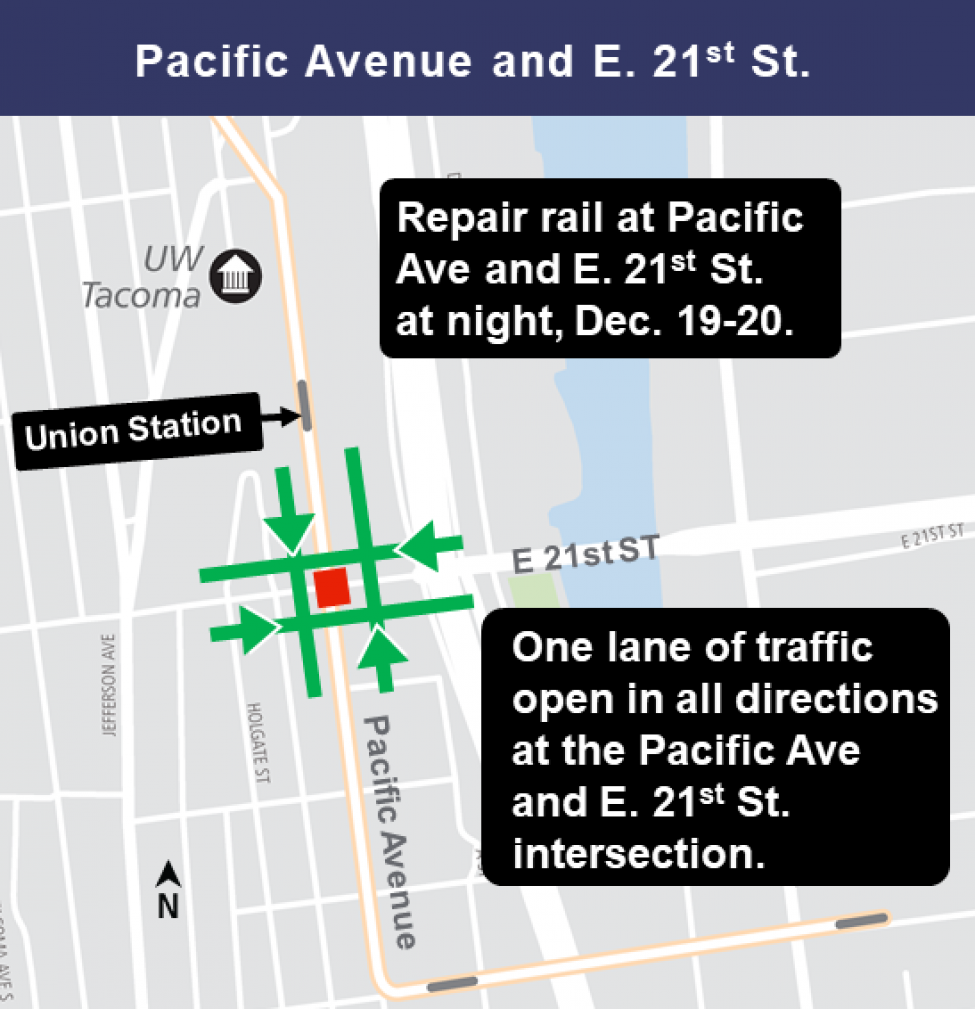 Map of Tacoma Link rail repair impacts at Pacific Avenue and East 21st Street.