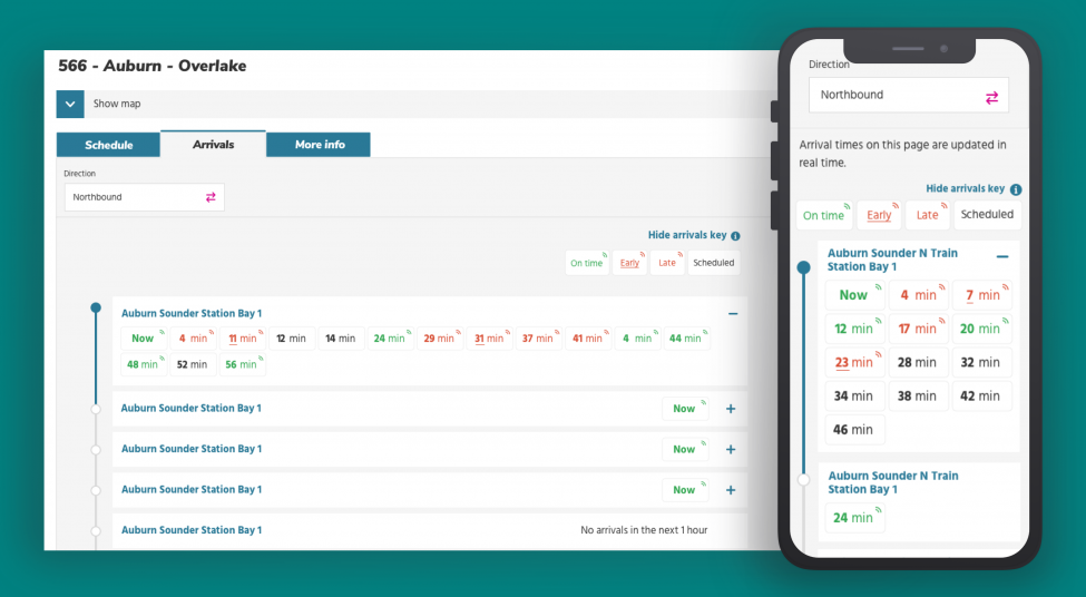 Screenshot of real-time arrivals for a bus station on the Sound Transit website