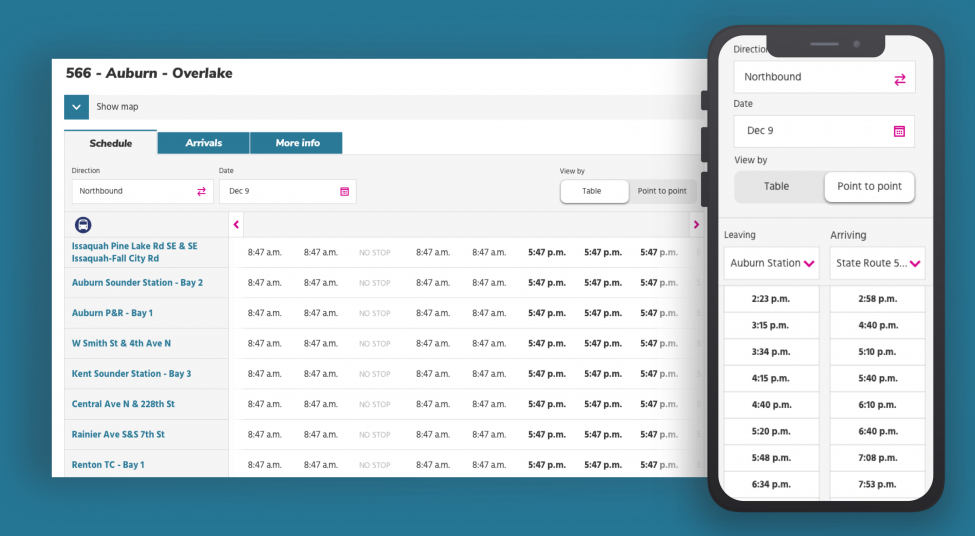 Screenshot of a bus route schedule on the Sound Transit website, showing a "table" schedule and a "point-to-point" schedule.