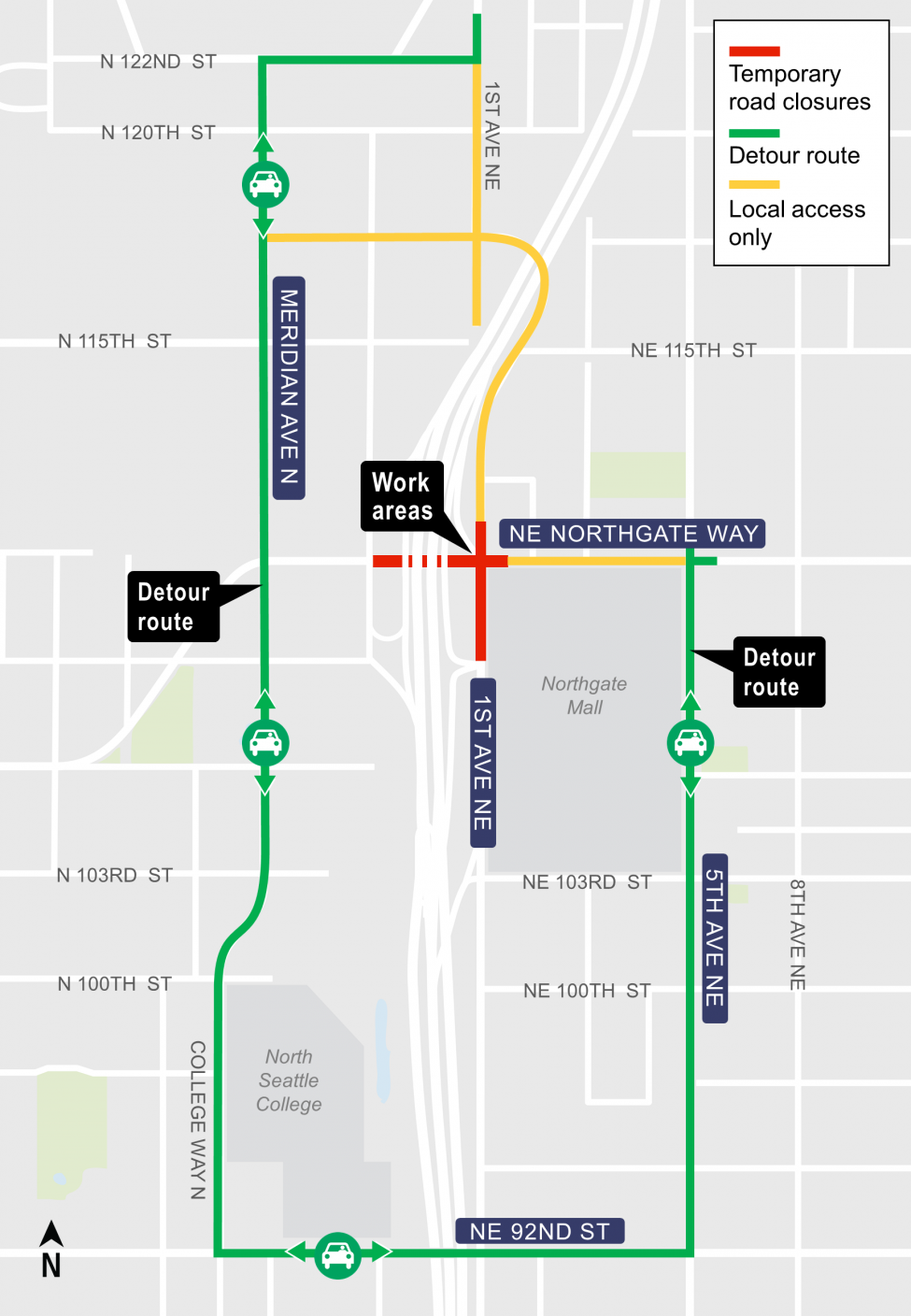 Map of closure of the 1st Avenue Northeast and Northgate Way intersection.