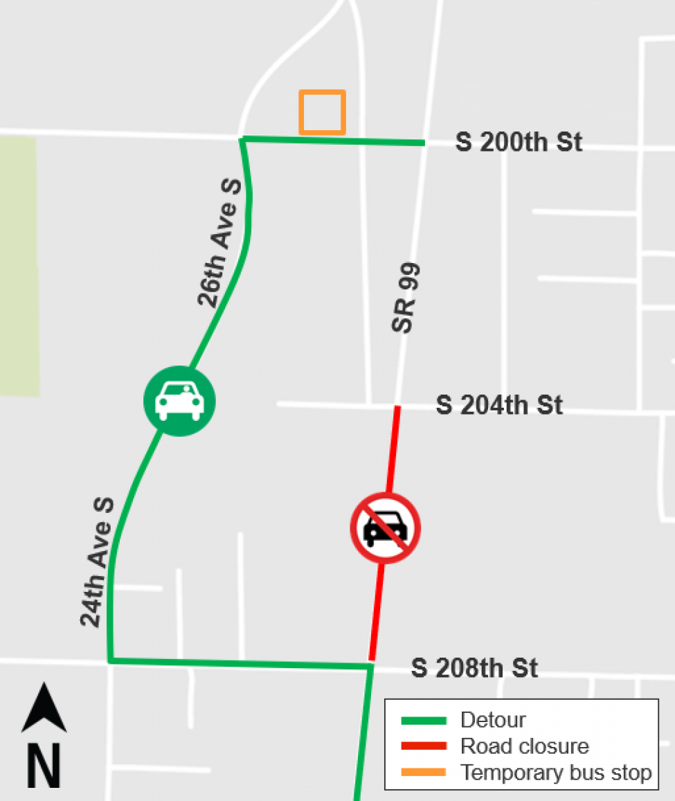 Map of Highway 99 closure impacts between South 204th and South 208th.