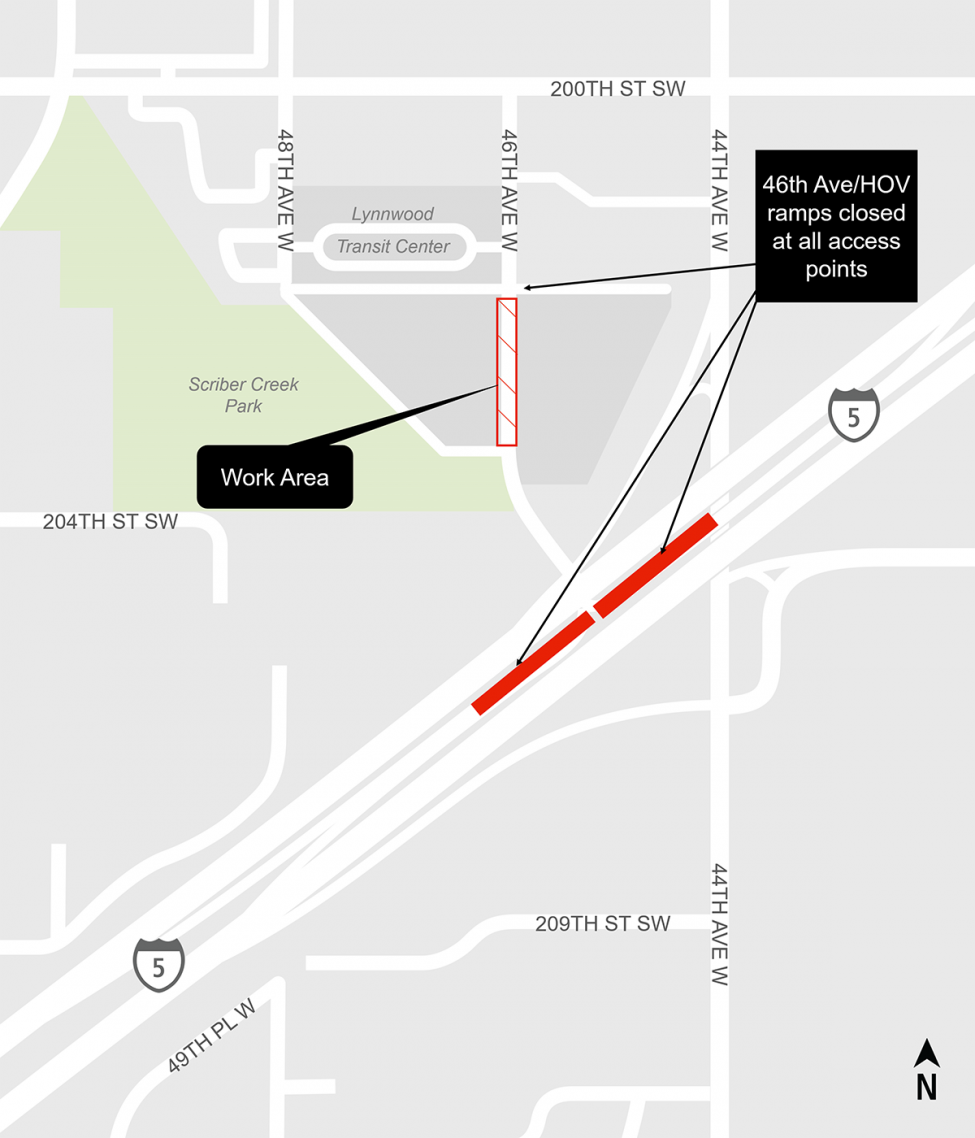 Map of 45th Avenue West HOV ramps to the Lynnwood Transit Center.