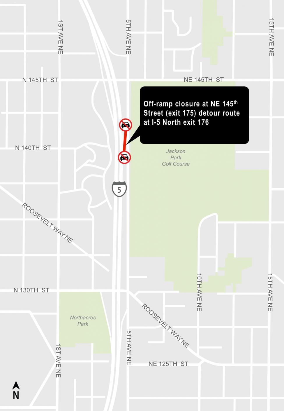 Map of lane and off-ramp closure at northbound Interstate 5 and Northeast 145th Street, exit 175.
