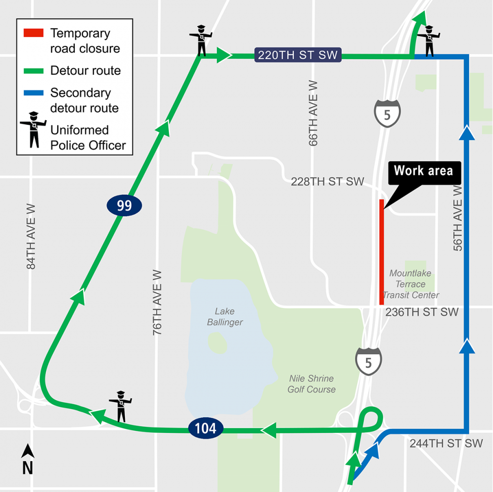 Construction map for Northbound I-5 closure, Lynnwood Link Extension