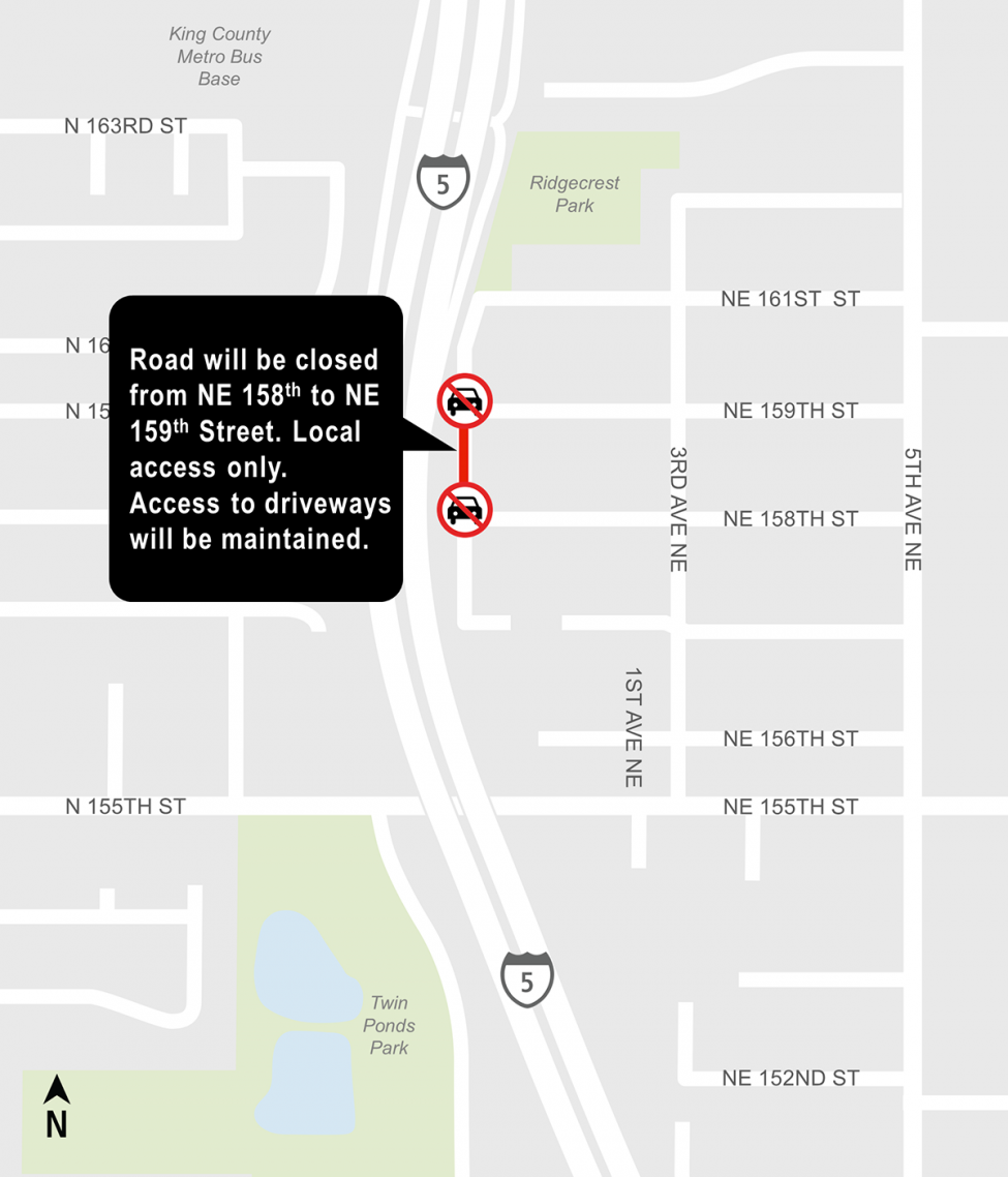 Construction map for NE 159th Street Closure, Shoreline South construction alert, Lynnwood Link Extension