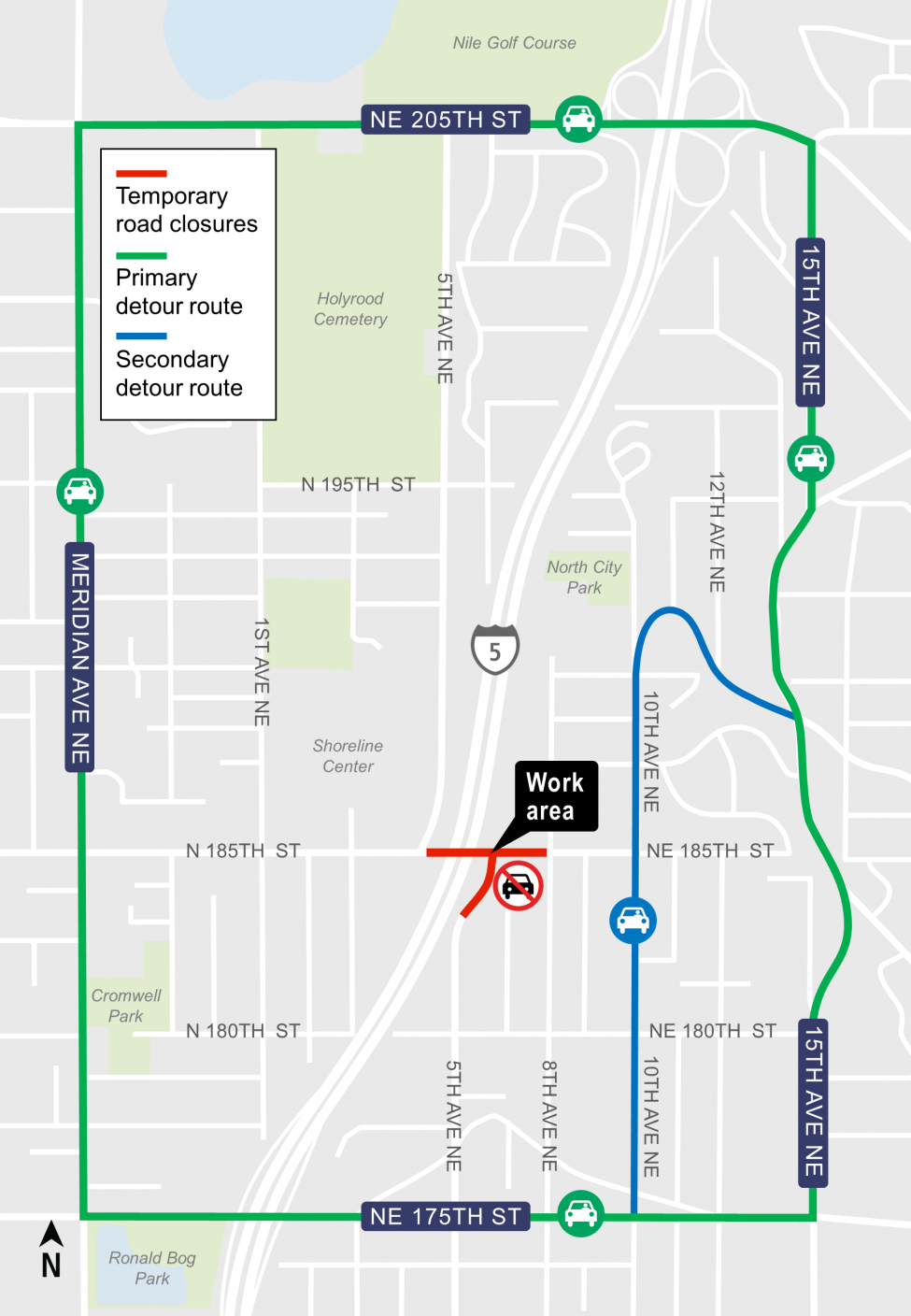 Map showing night road closures and detour routes