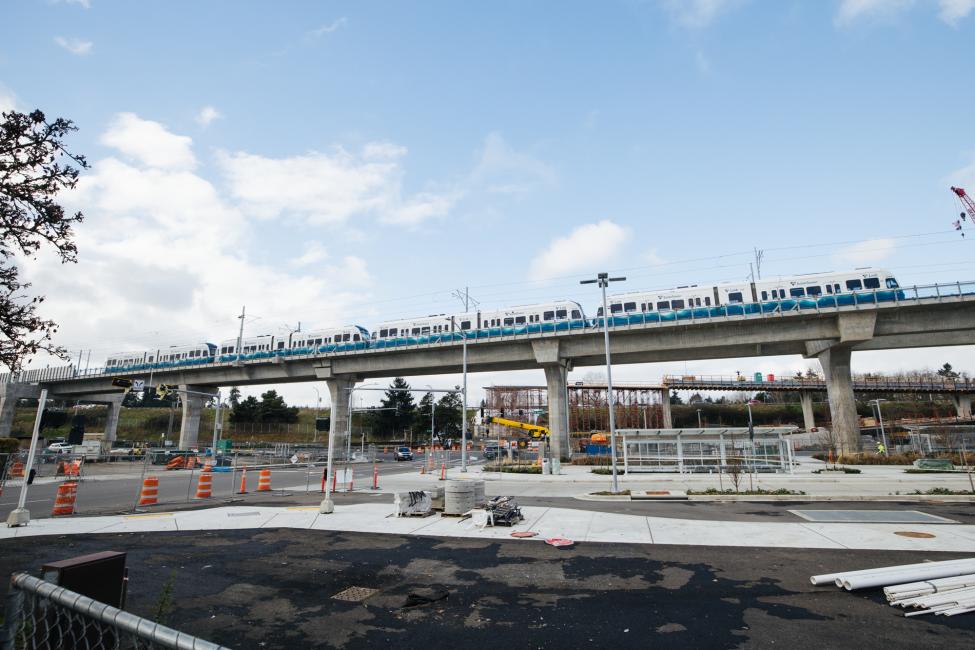 Test trains rolling along the elevated tracks leading to Northgate Station.