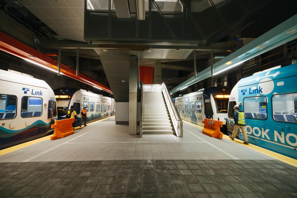 Test trains stage at U District Station. 