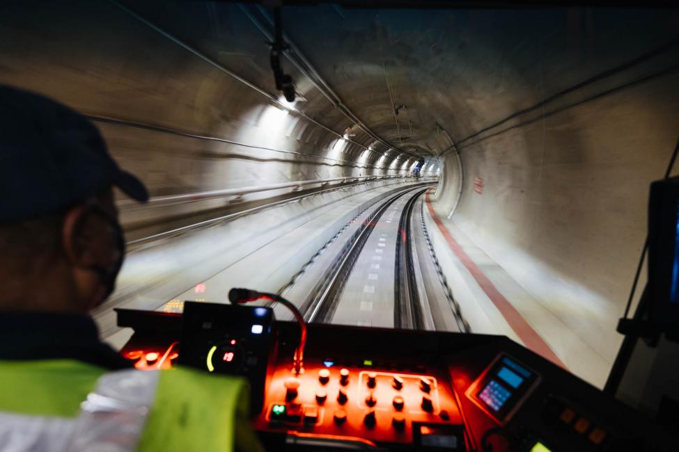 A view from the Operator's cab during testing in the tunnels between University of Washington Station and Northgate Station.