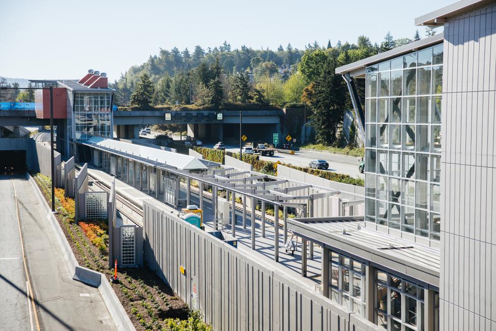 Looking from the west at the nearly complete Mercer Island Station. 