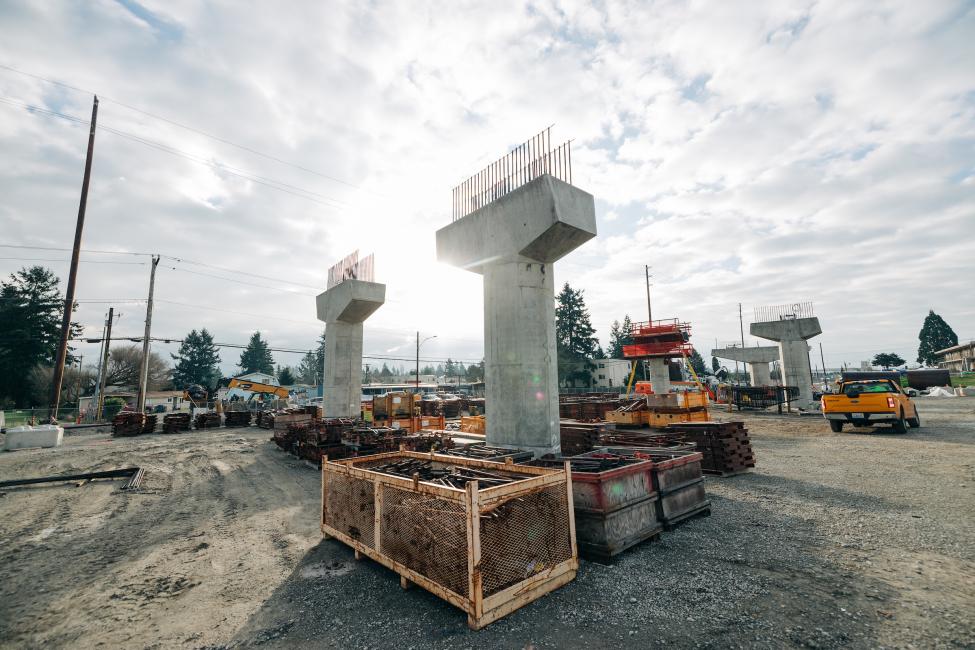 Columns that will support the elevated station platform rise at Kent/Des Moines Station near South 24th Street in Kent. 